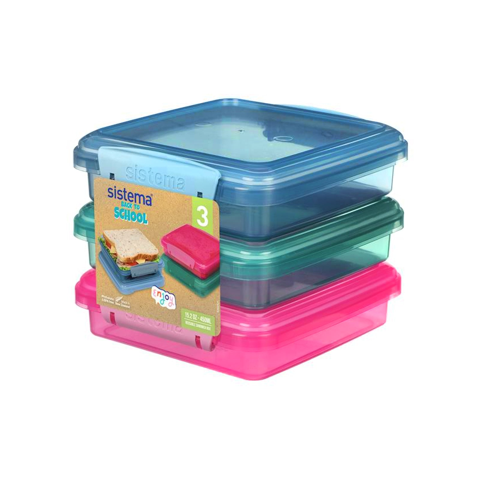 Sistema Lunchbox - Sandwich Box - 450 mL - 3-Pack - Pink+Blue+To